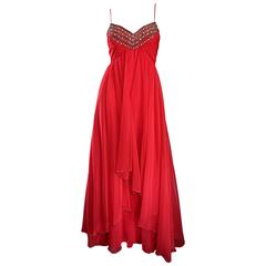 Exquisite 1970s Lipstick Red Chiffon Rhinestone Beaded Vintage 70s Goddess Gown 11