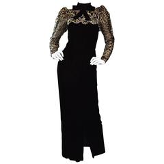 Beautiful Vintage I. Magnin Black Silk Velvet Gown w/ Gold + Silver Lace Bodice