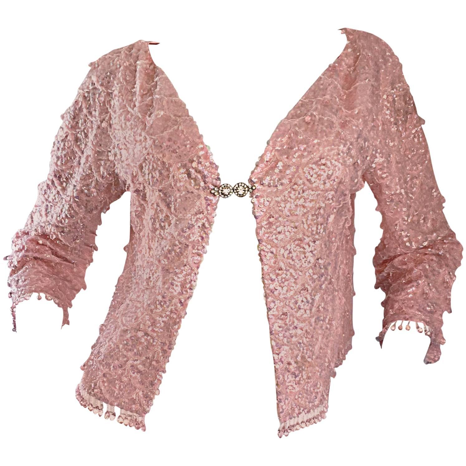 Beautiful 1950s Light Pink Silk Sequin Beaded Silk Rhinestone Jacket Cardigan