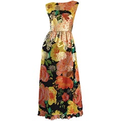 Erstaunlich 1970er bunte Chiffon Metallic Floral geraffte Boho Vintage Maxi Kleid