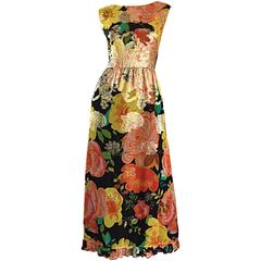 Amazing 1970s Colorful Chiffon Metallic Floral Ruffled Boho Vintage Maxi Dress 9