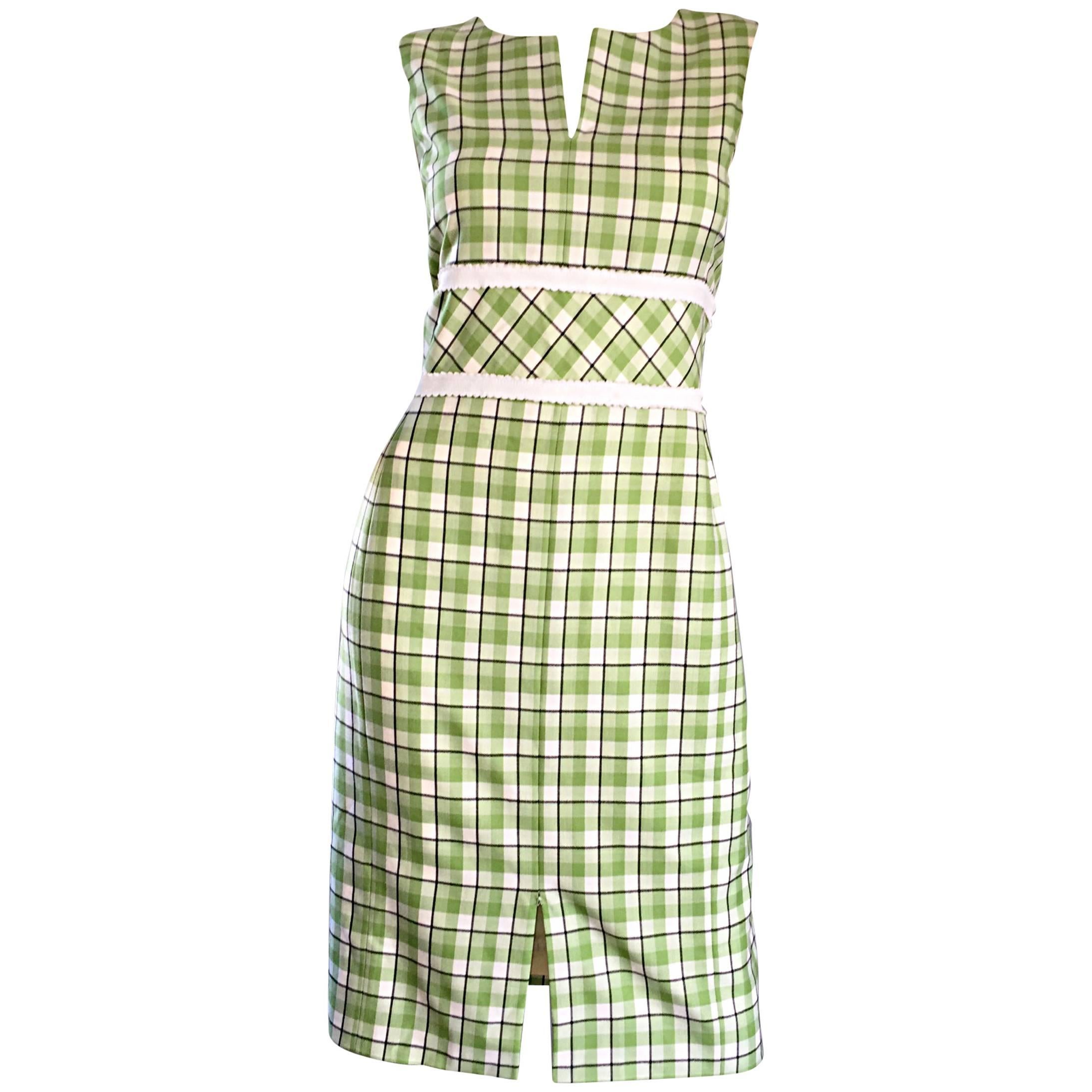 Oscar de La Renta Size 6 / 8 Saks 5th Ave Green + White Checkered Plaid Dress 