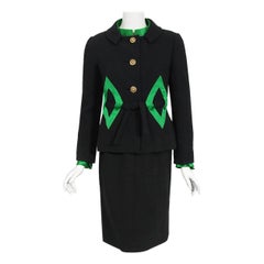 Vintage 1968 Burke-Amey Couture Black Wool Green Silk Appliqué 3-Piece Suit Set