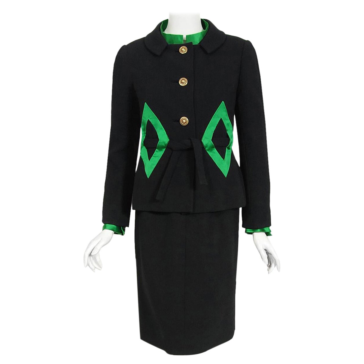 Vintage 1960s Burke-Amey Couture Black Wool Green Silk Appliqué 3-Pieces Mod Suit en vente