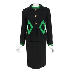 Vintage 1960s Burke Amey Couture Black Wool Green Silk Appliqué 3-Piece Suit Set