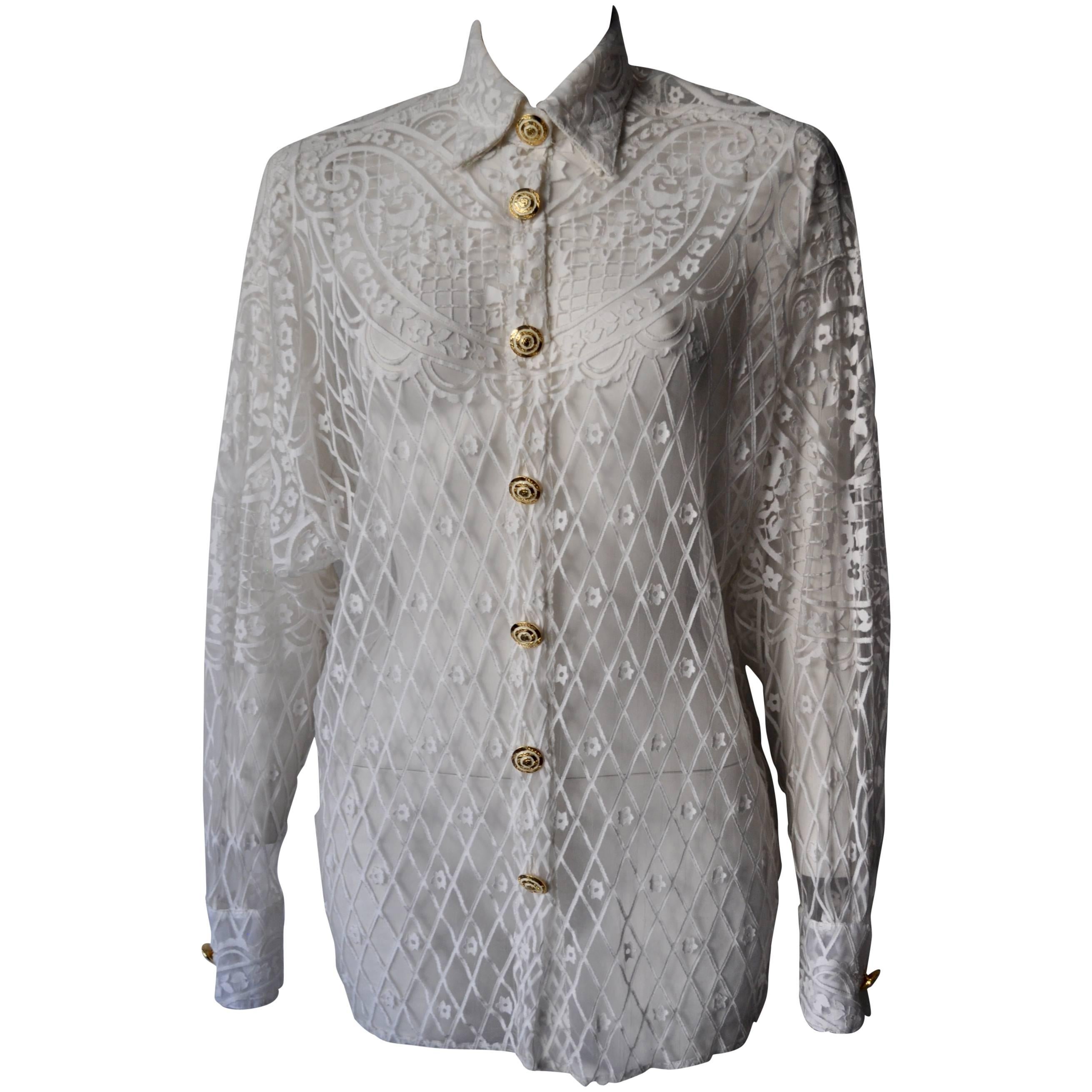 Eclectic Gianni Versace Couture Laser-Cut Sheer White Silk Shirt For Sale