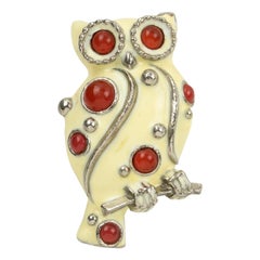 Retro Lanvin Paris Silvered Metal and Enamel Jeweled Owl Pin Brooch