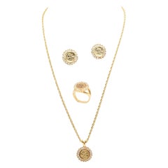 Costume Panda Bear Faux Gold Coin and Crystal Pendant Necklace Earrings and Ring
