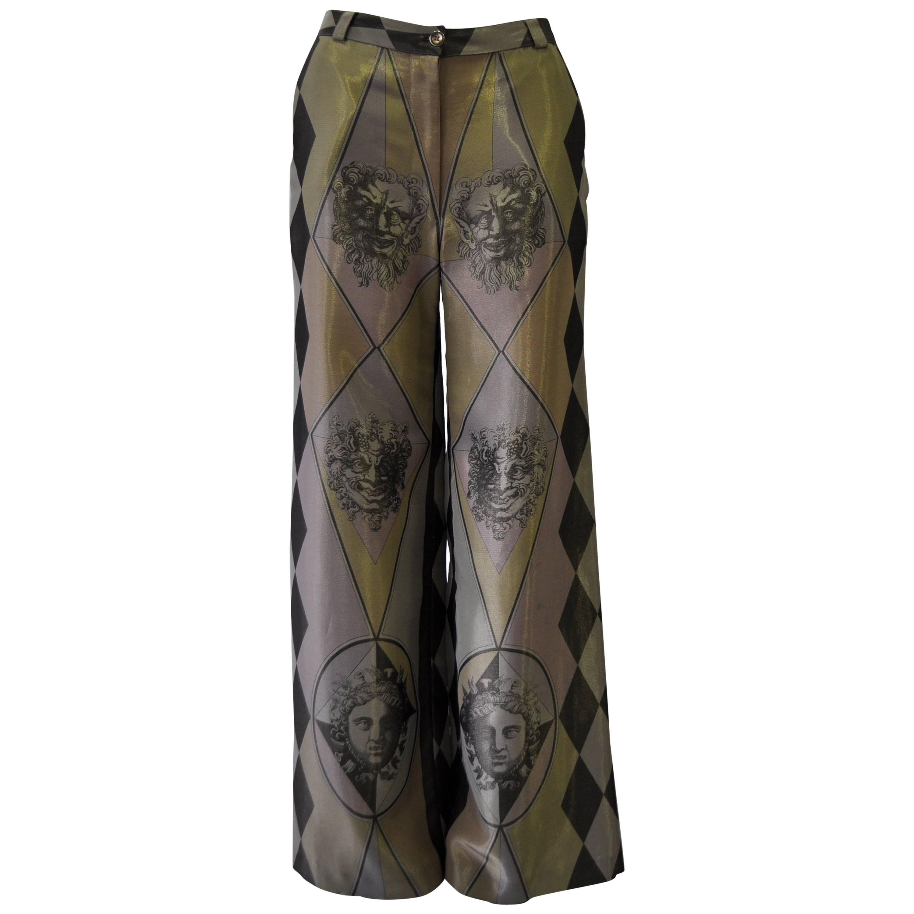 Very Rare Gianni Versace Couture Silk Lame Harlequin Palazzo Pants For Sale