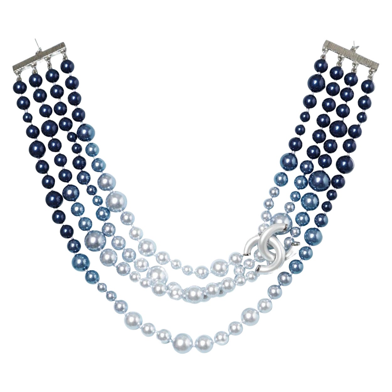 Multi-strand neckless in a blue shading and "Double CC"  brand Chanel  For Sale