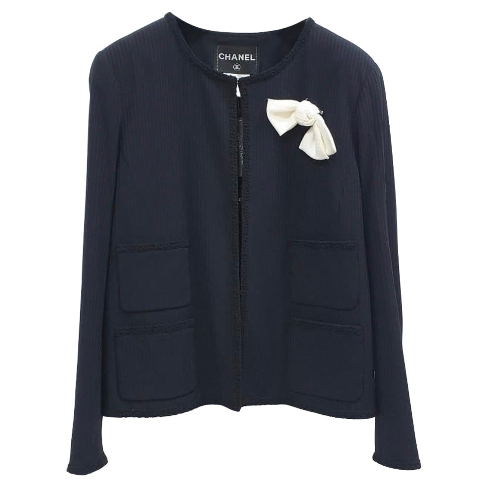 Chanel Black Self Stripe Bow Trim Jacket