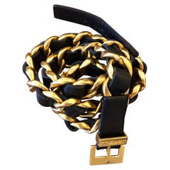 1990s Vintage CHANEL Gold Toned Leather Chain Belt Black Gold