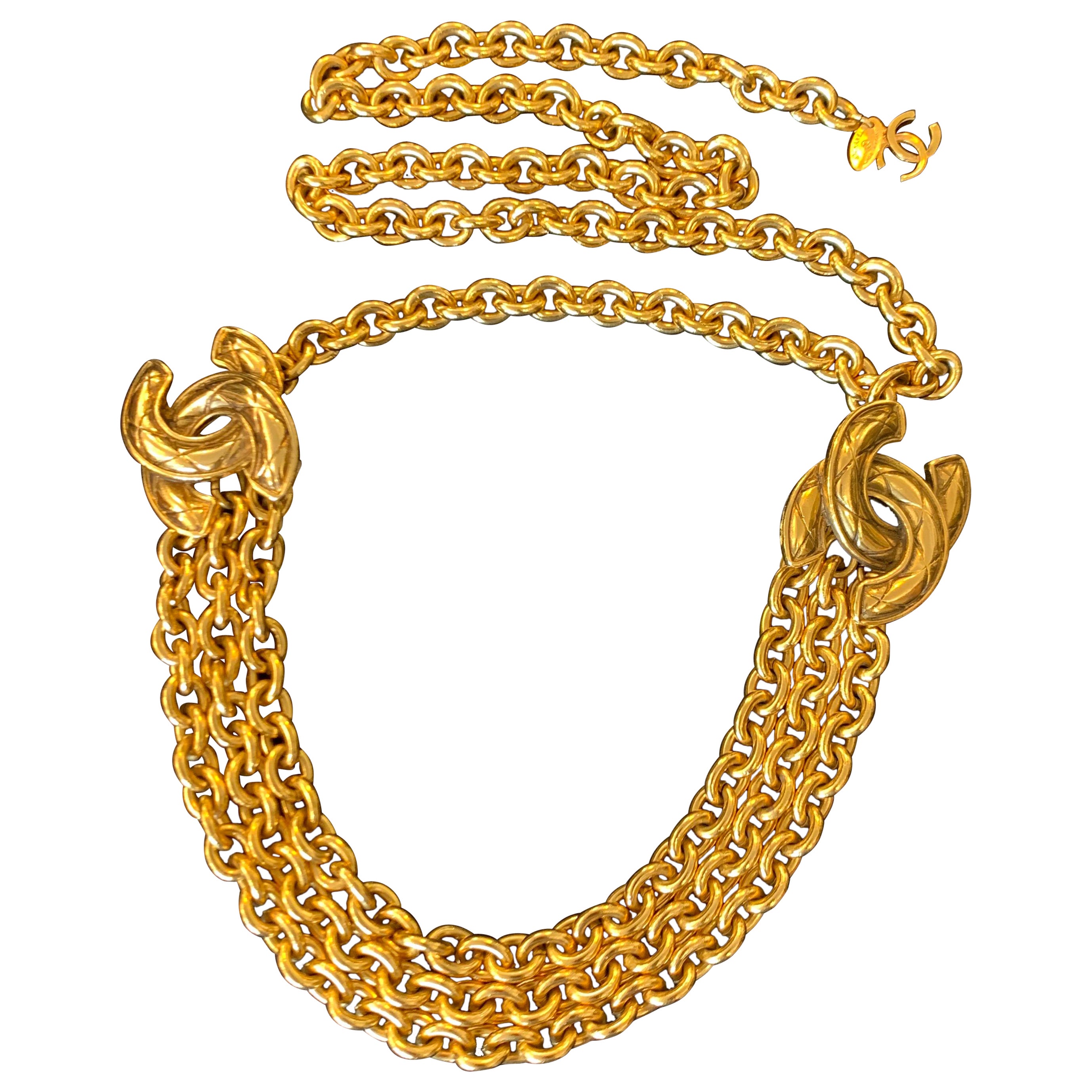 CHANEL Gold Tone Triple Strand Detail Chain Link Belt Necklace Open