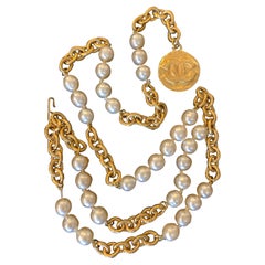 1990s Chanel Faux Pearl Gold Toned Chain Belt Necklace