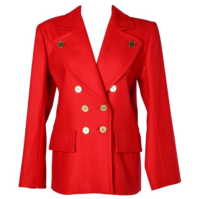 Red wool jacket with asymmetrical collar and silver buckles belt T ...
