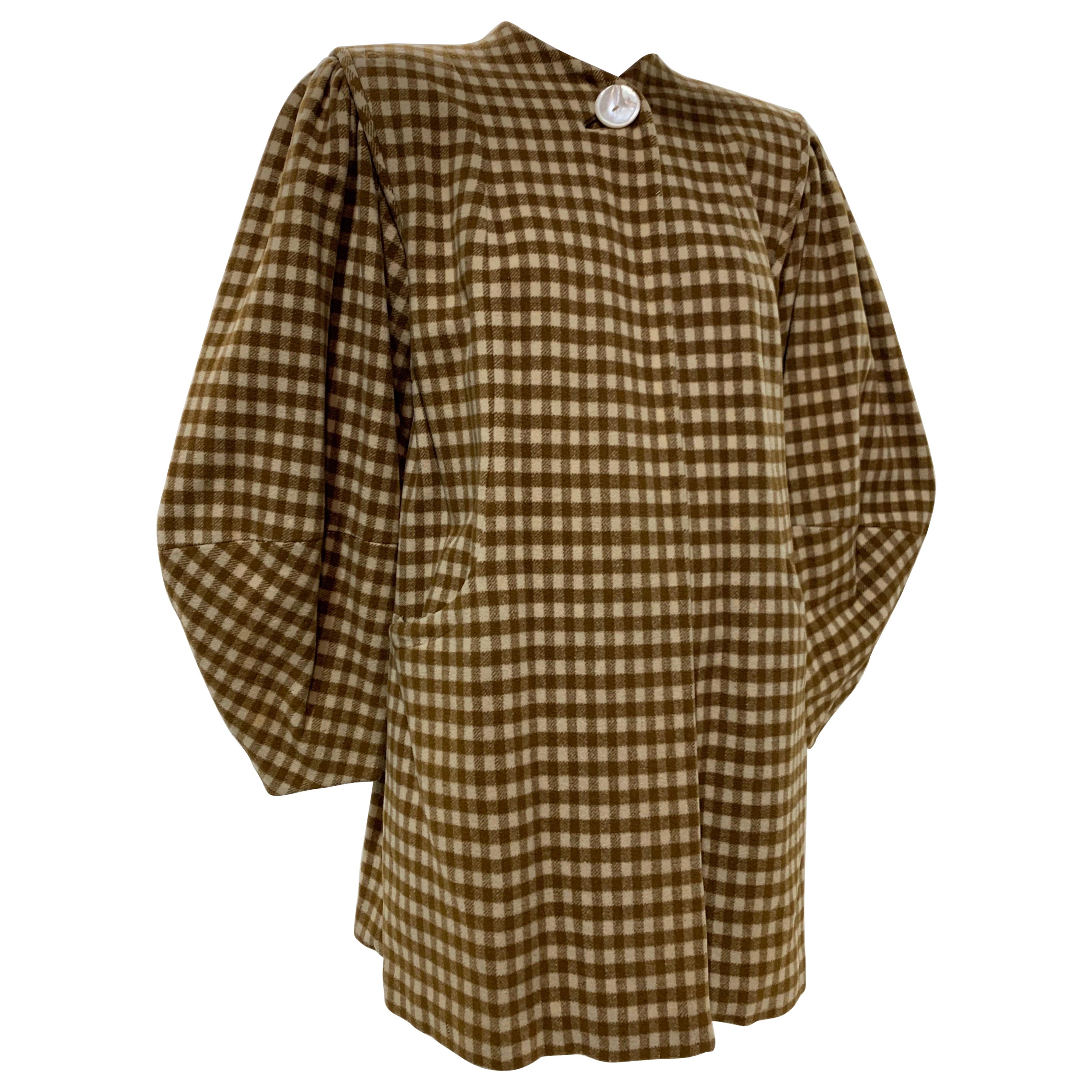 1940 Caramel Check Wool Swing Coat W/ Lantern Cut Sleeve & Structured Shoulders For Sale