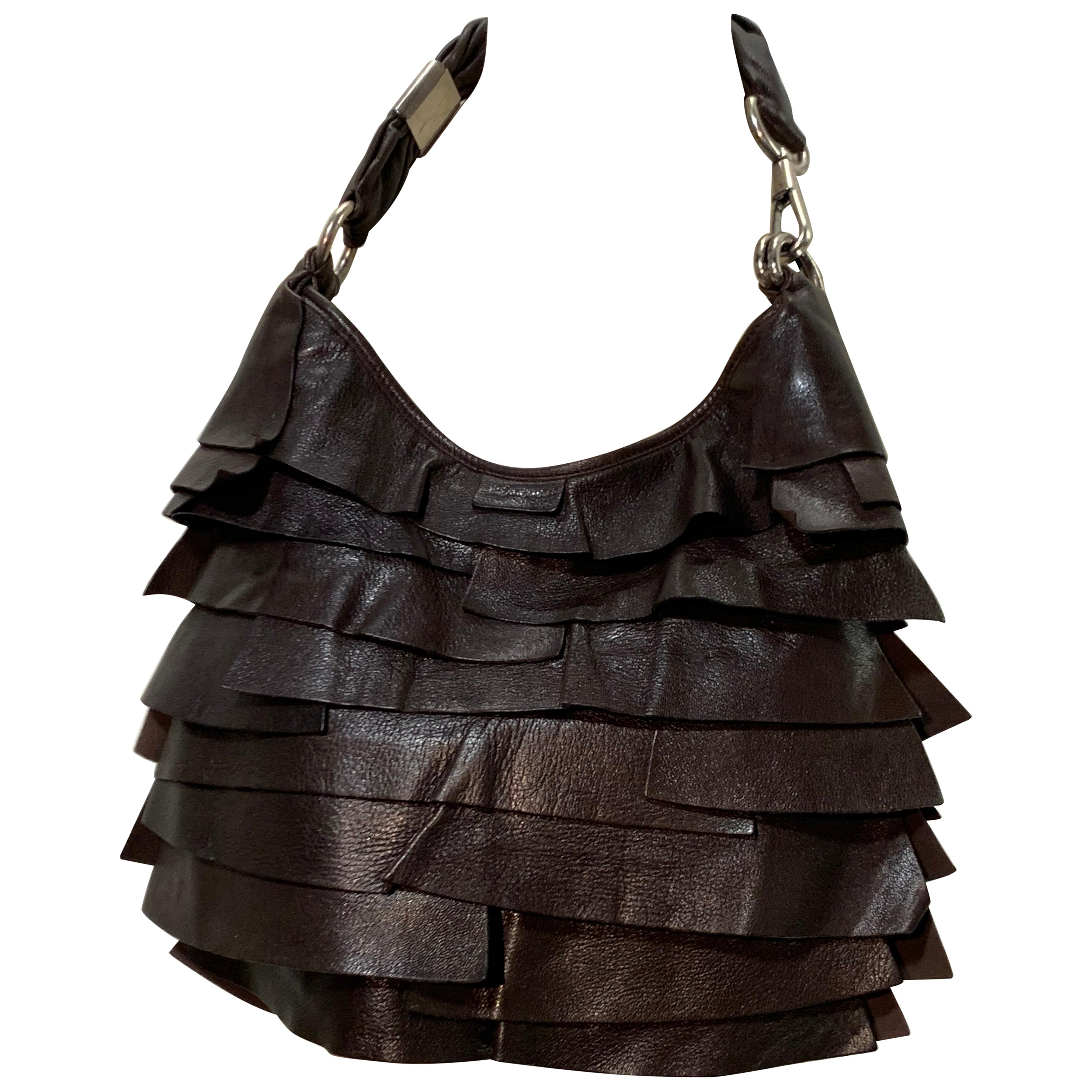 1990s Yves Saint Laurent / Tom Ford Chocolate Brown Leather Ruffled Satchel  Bag For Sale at 1stDibs