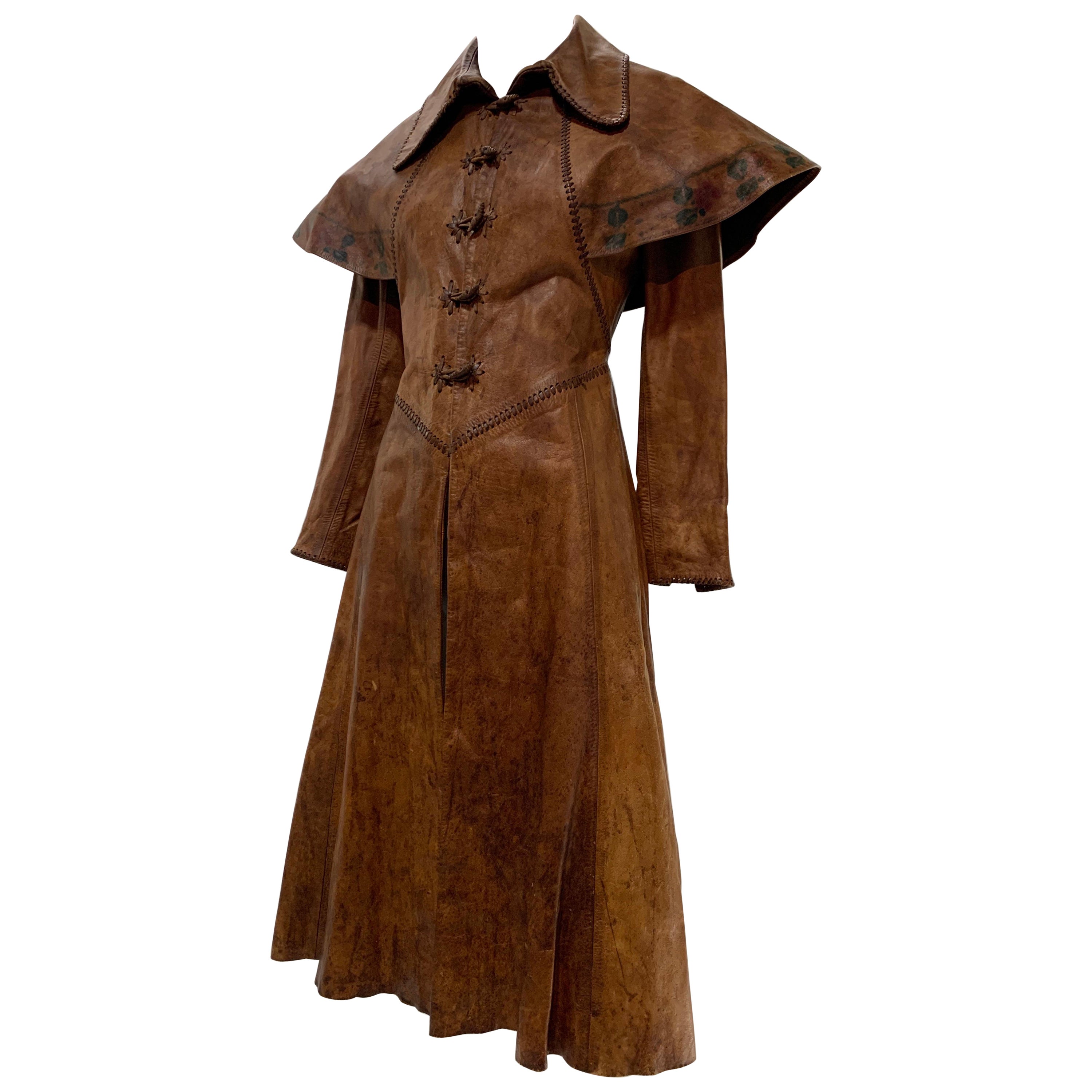 1970 Hand Made & Painted Distressed Leather Fairytale-Inspired Trench Coat  For Sale