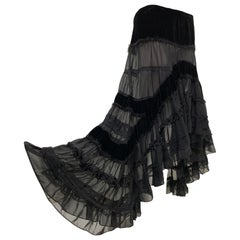 Torso Creations Black Silk Chiffon Velvet & Lace Tiered Hi / Low Peasant Skirt