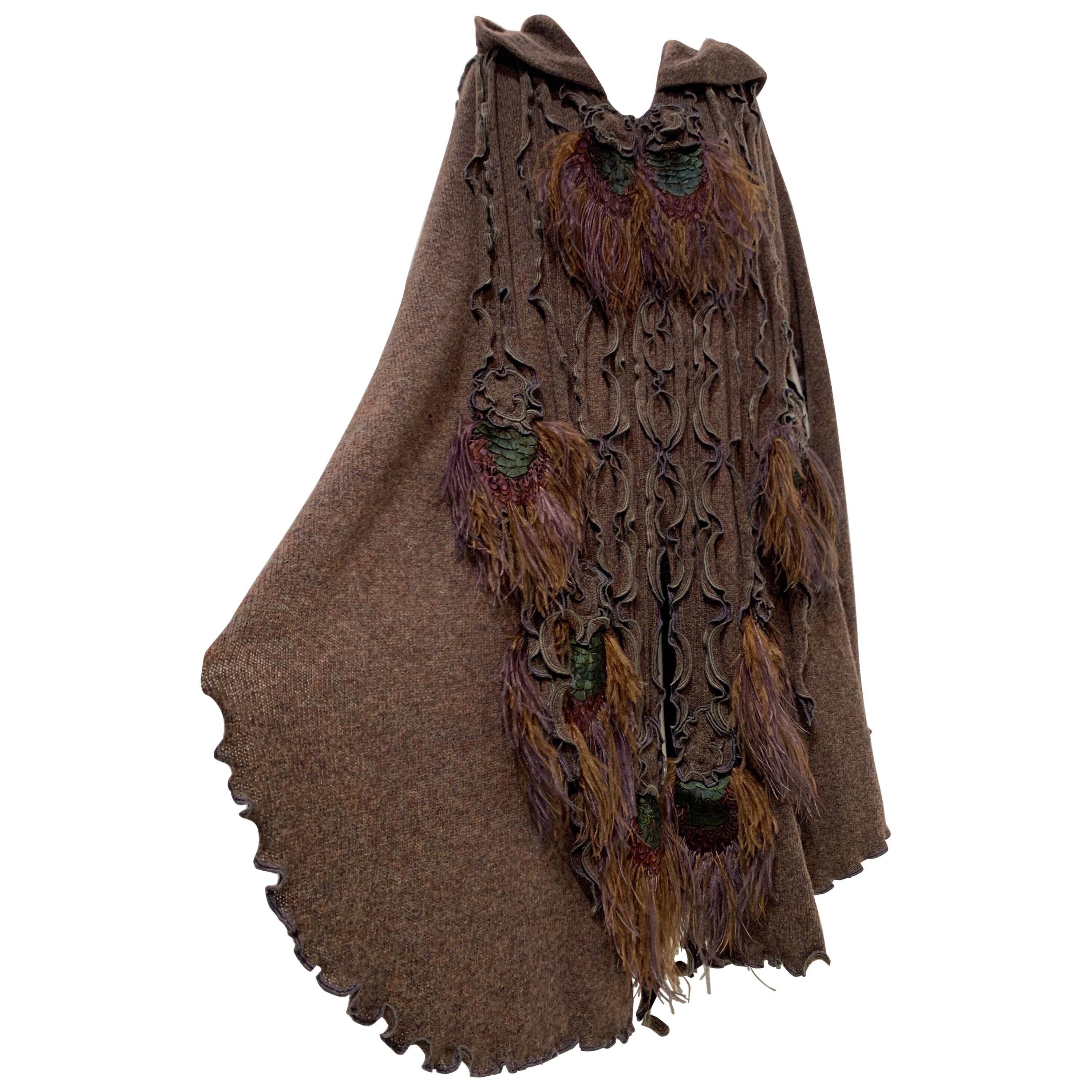 1970 Animal Rainbow - London Hooded Hippie Chic Feathered Wool Fairytale Cape  For Sale
