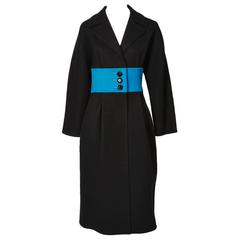 Galanos Wool Coat with Color Blocked Waist