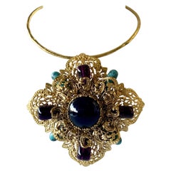 Gilt Byzantine Style Jeweled Blue, Purple, and Turquoise Necklace/Brooch