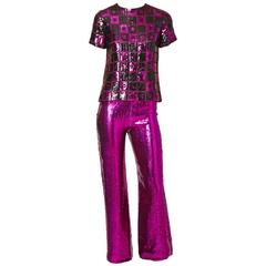 Vintage Dior Boutique 1960s Purple Sequined Evening Pant Ensmble