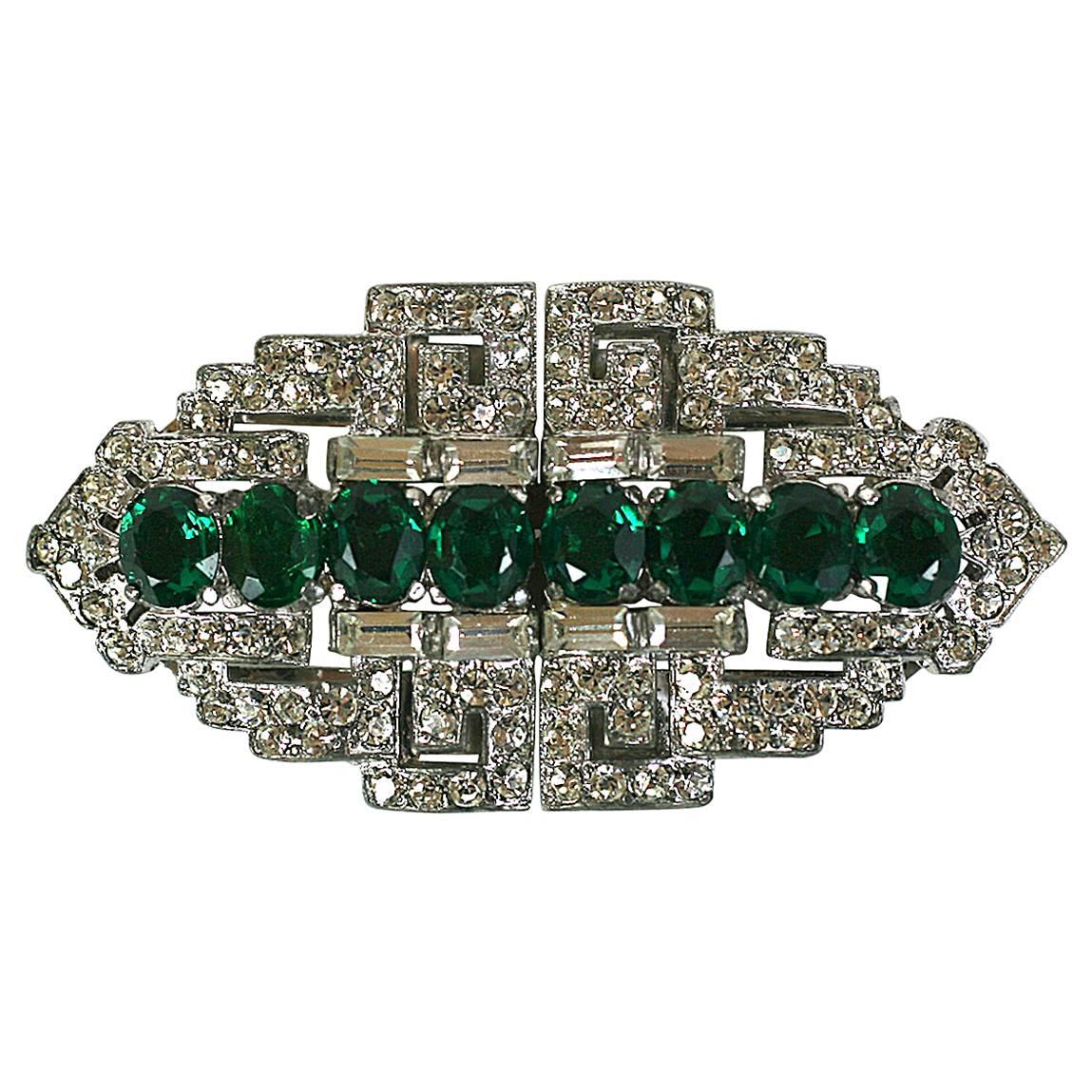 Trifari Art Deco Faux Emerald Clip Mate Brooch at 1stDibs