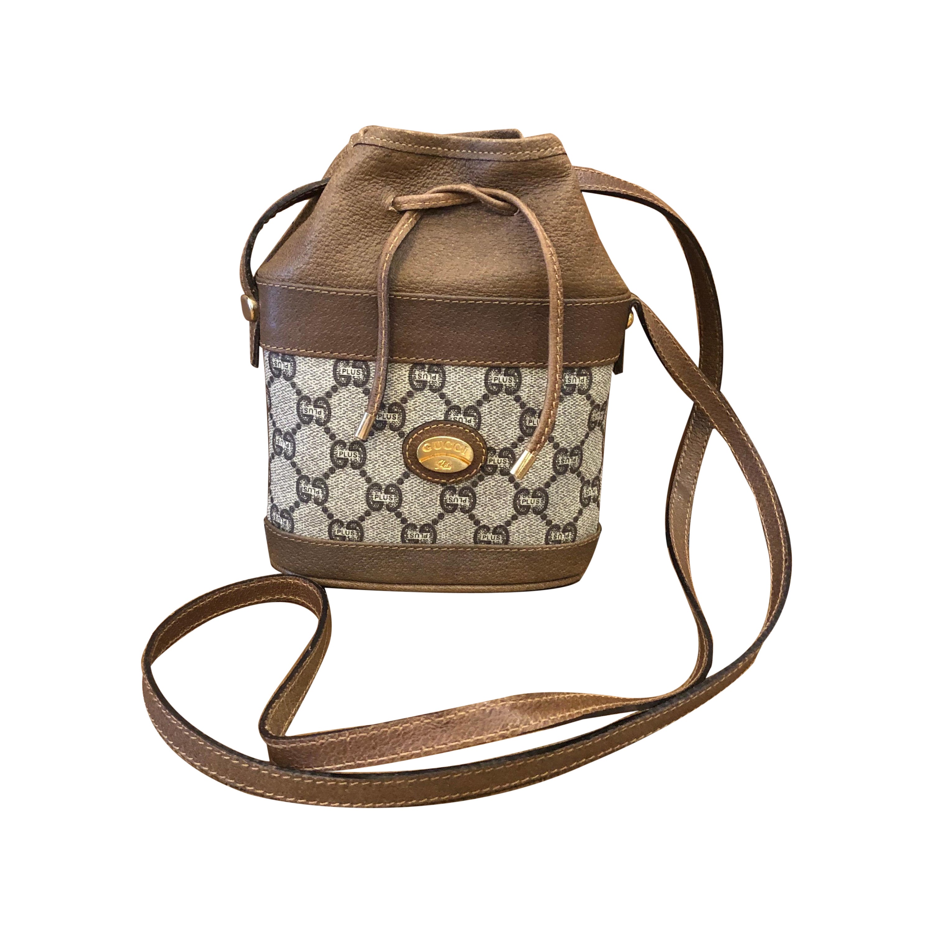 1980s GUCCI Plus Brown GG Canvas Mini Drawstring Crossbody Pouch Bag