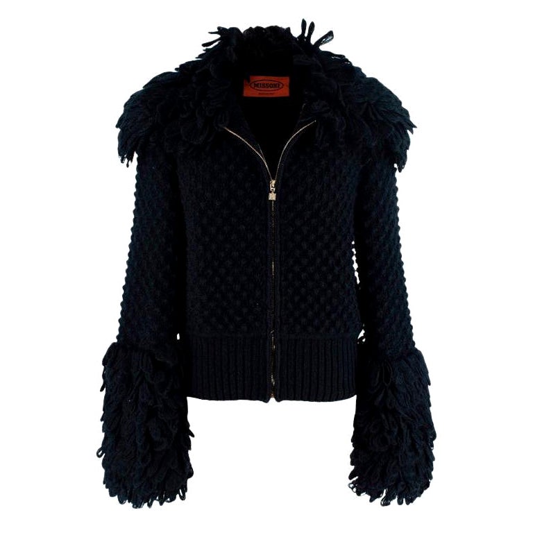 Missoni Black Boucle Knitted Jacket with Loop Fringe Sleeves & Collar For Sale