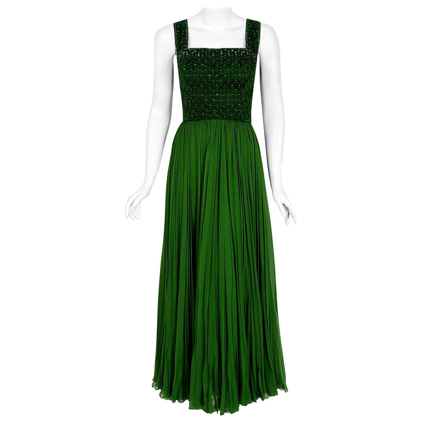 Medium 1970s Mollie Parnis Green Evening Gown Formal Maxi Dress Cape