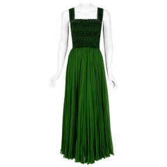 Vintage 1950's Rosali Macrini Emerald Green Beaded Rhinestone Silk Chiffon Gown