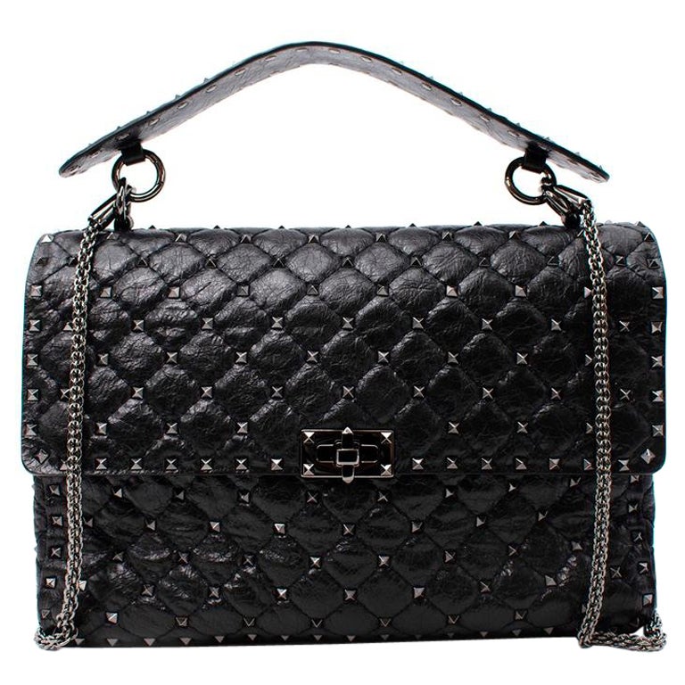 Valentino Garavani Rockstud Spike Medium Black Craquele Leather Bag For Sale