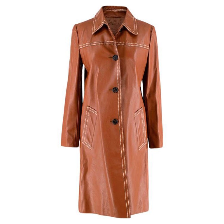 Prada Tan Topstich Leather Coat - US 0 For Sale at 1stDibs
