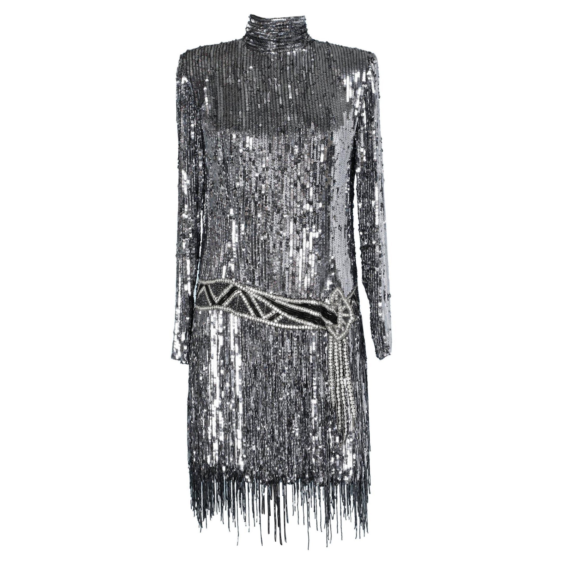 Silver sequins and beads embroidered dress with franges Bob Mackie 