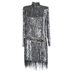 Silver sequins and beads embroidered dress with franges Bob Mackie