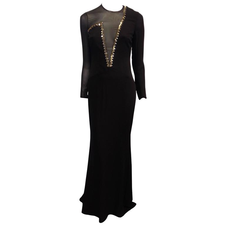 Versace Black Sheer Silk Gown with Gold Studs at 1stDibs