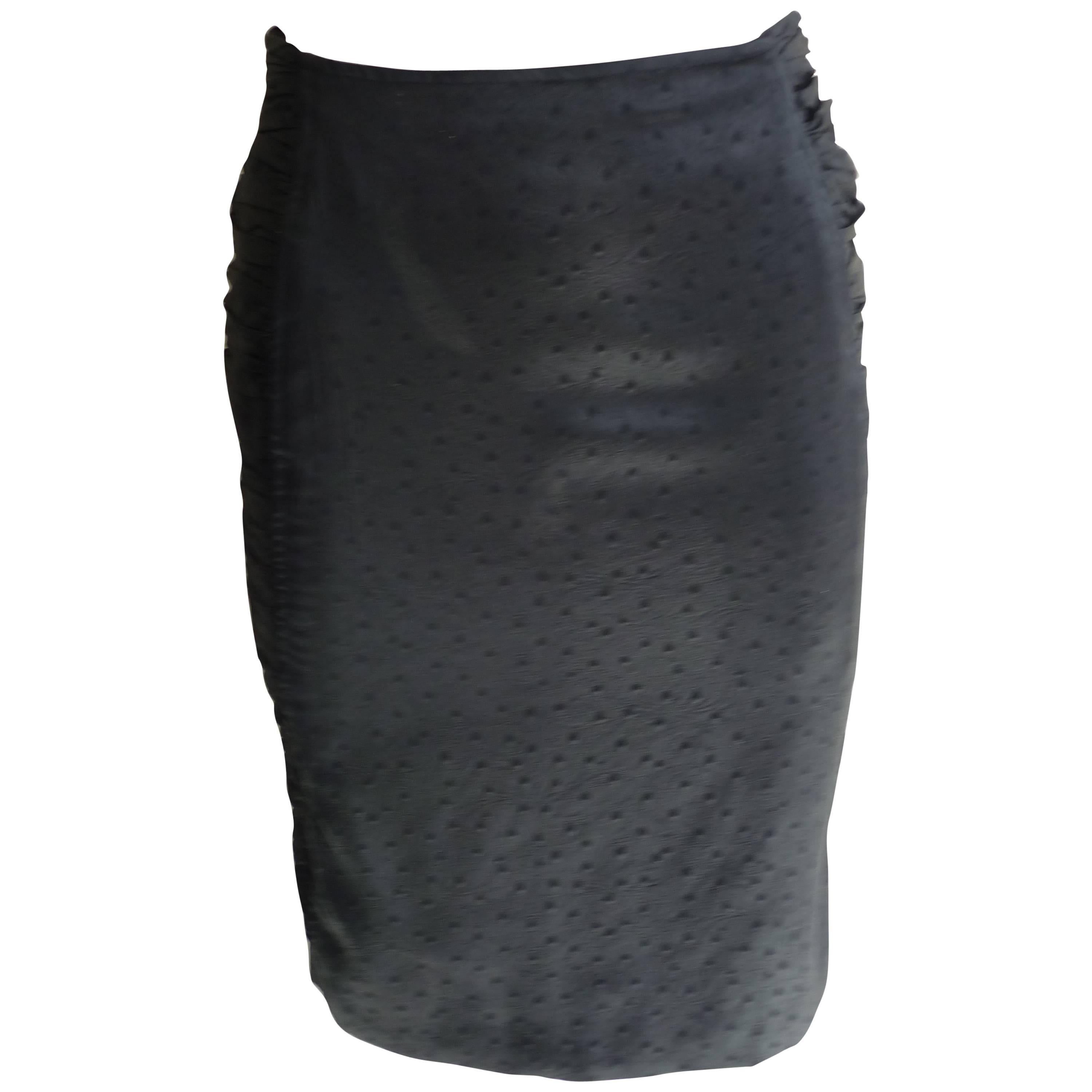 Ungaro Ostrich Print Black Ruched Sides Skirt, 1990s 