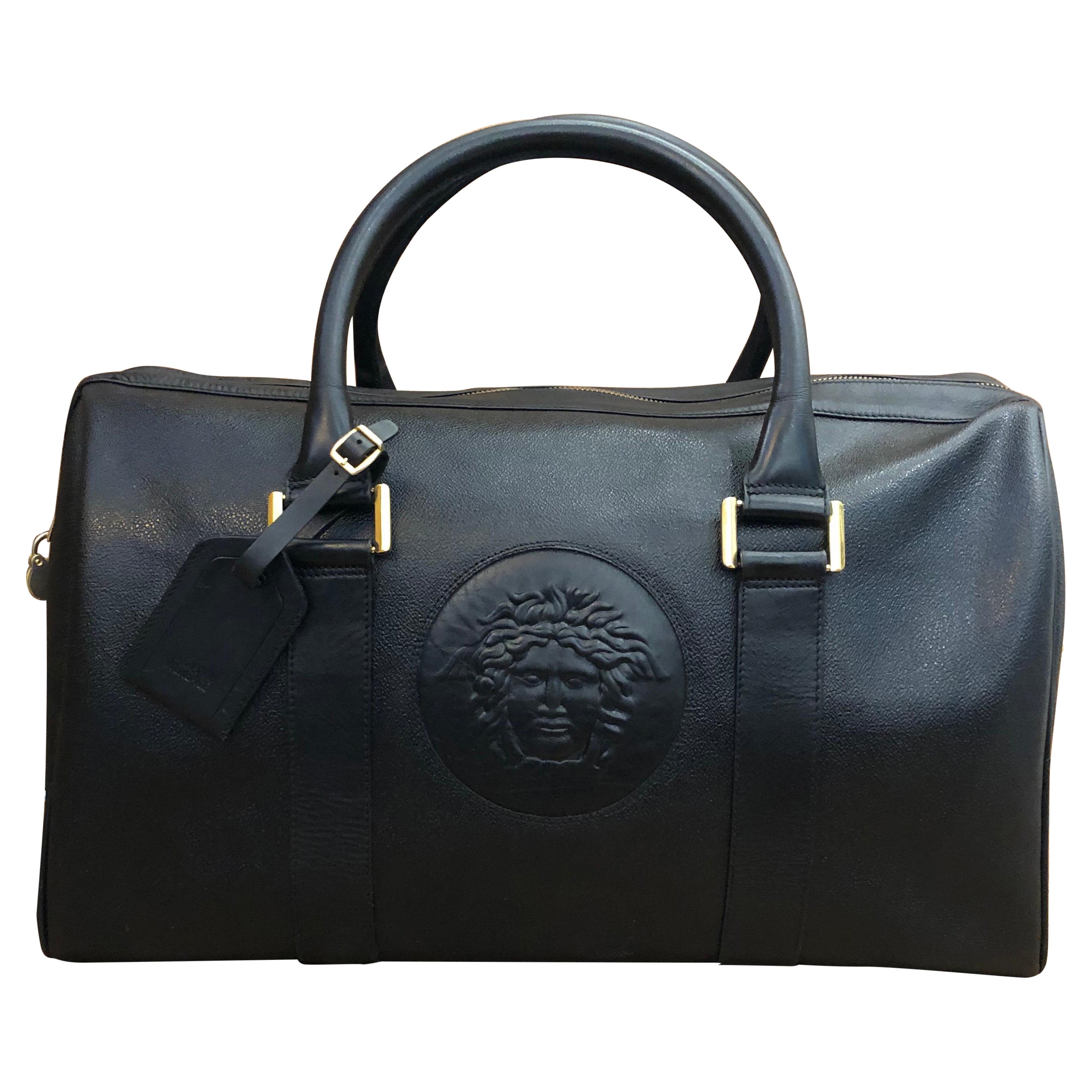 1990s Gianni Versace Black Leather Duffle Boston Bag Unisex