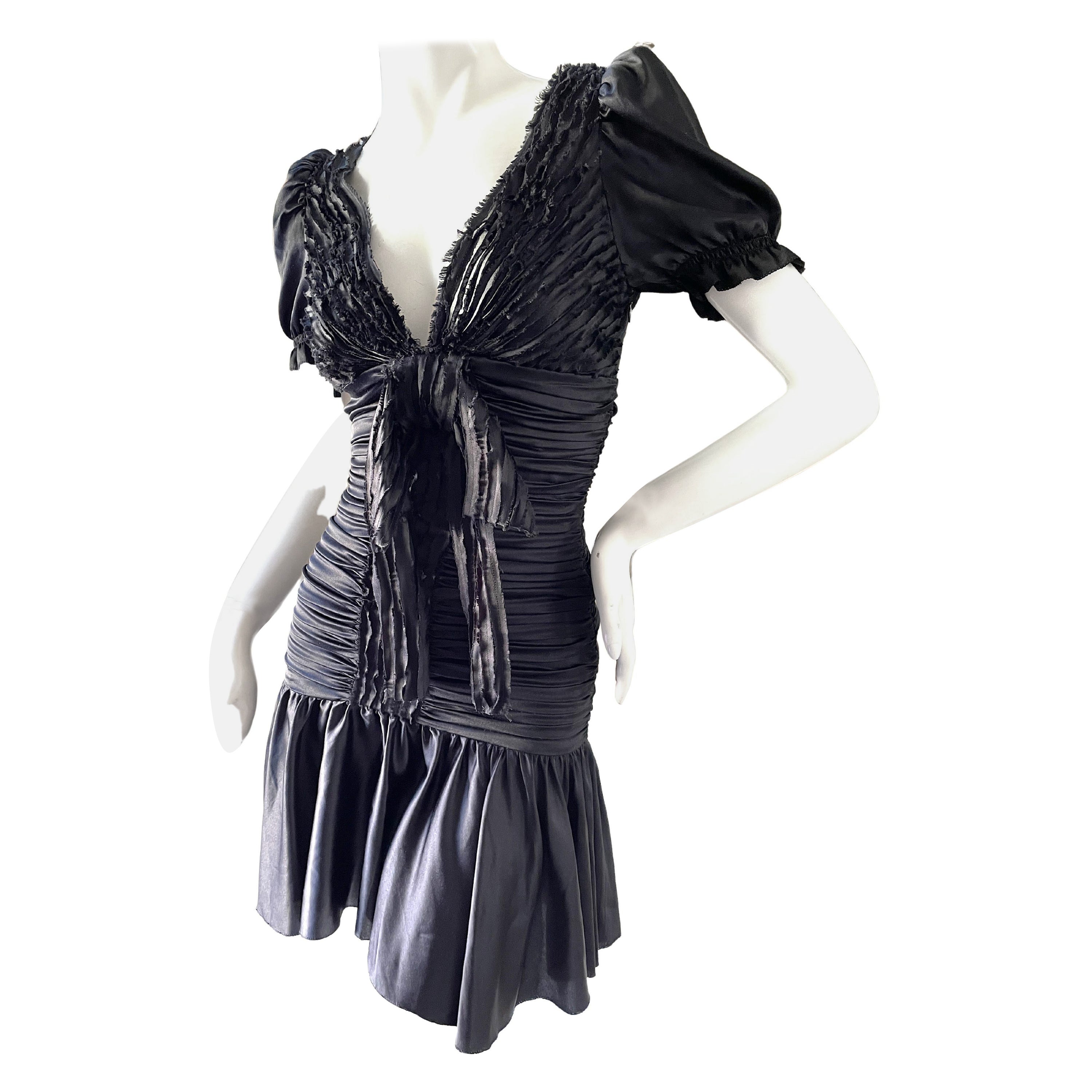 D&G by Dolce & Gabbana Vintage Black Silk Pleated Plunging Mini Dress For Sale