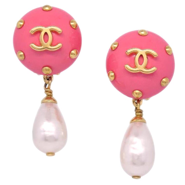 CHANEL CC Pink Resin Faux Pearl Gold Tone Evening Dangle Drop Earrings 