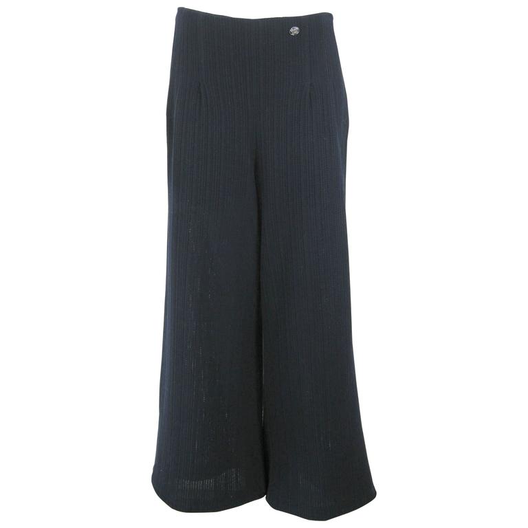 Chanel Navy Blue Wide Leg Knit Trousers Pants For Sale at 1stDibs