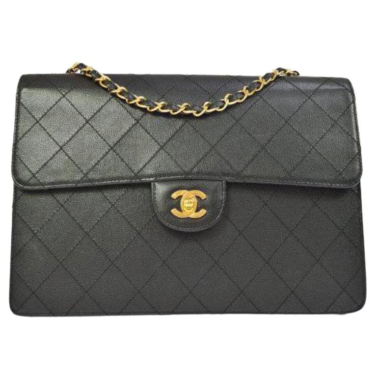 CHANEL Black Caviar Leather Quilted Gold Hardware Classic Jumbo Evening Shoulder