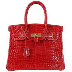 Hermes Bright Red Porosus Crocodile Birkin Bag 30 with Gold