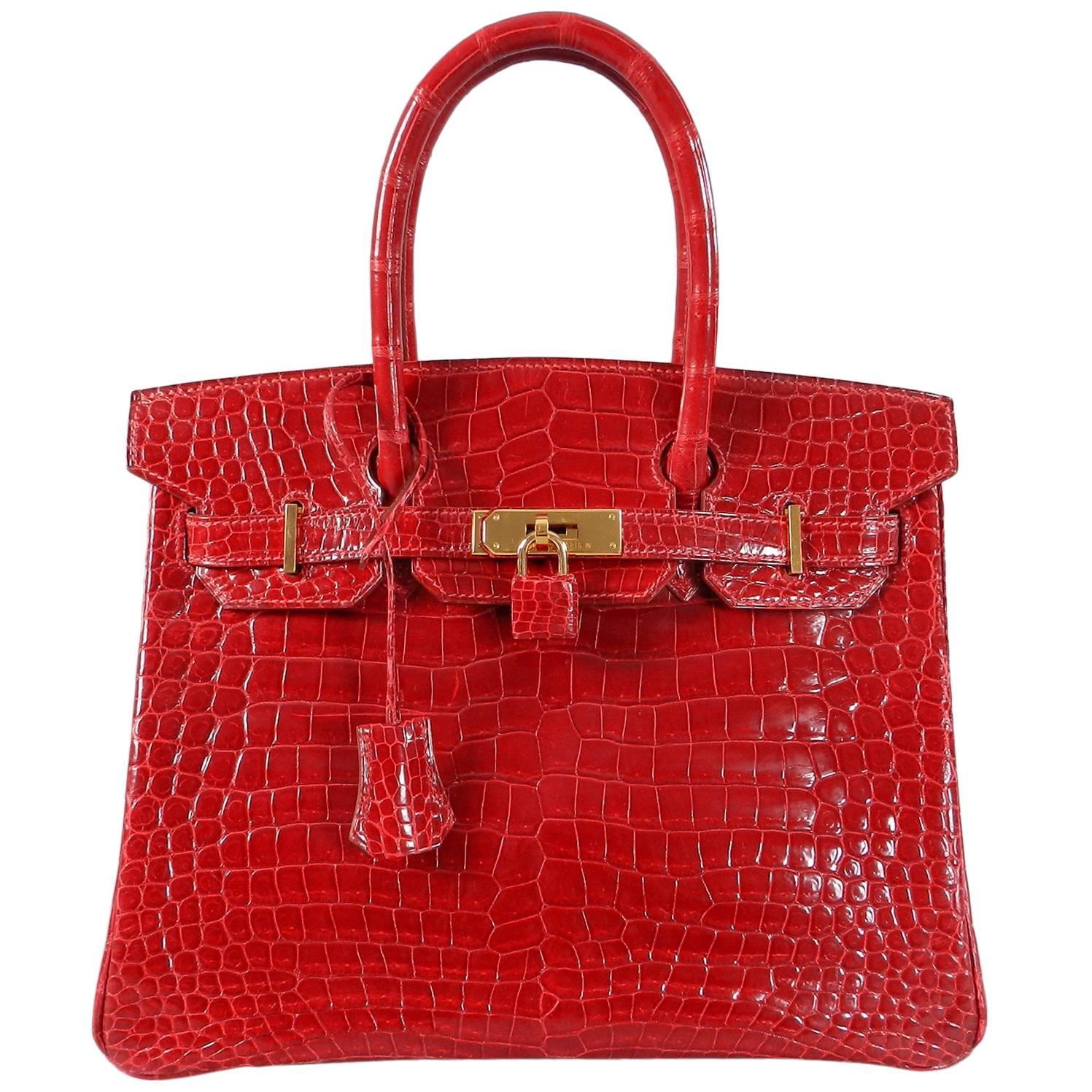 Hermes Bright Red Porosus Crocodile Birkin Bag 30 with Gold Hardware For Sale at 1stdibs