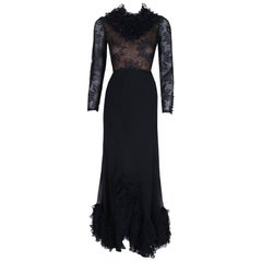 Vintage 1975 Valentino Couture Black Silk-Chiffon & Sheer Illusion-Lace Ruffle Gown