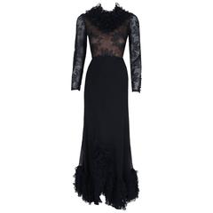 1970's Valentino Couture Black Silk-Chiffon & Sheer Illusion-Lace Ruffle Gown 9