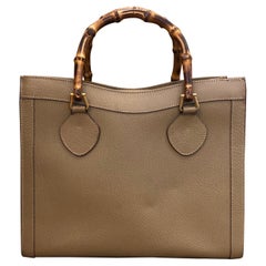 1990s Gucci Khaki Leather Bamboo Tote Diana Tote (Medium)