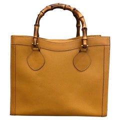 1990s Gucci Mustard Yellow Leather Bamboo Tote Diana Tote (Medium)