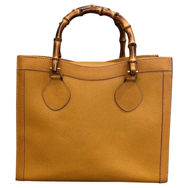 1990s Vintage GUCCI Mustard Yellow Leather Bamboo Tote Diana Tote Bag